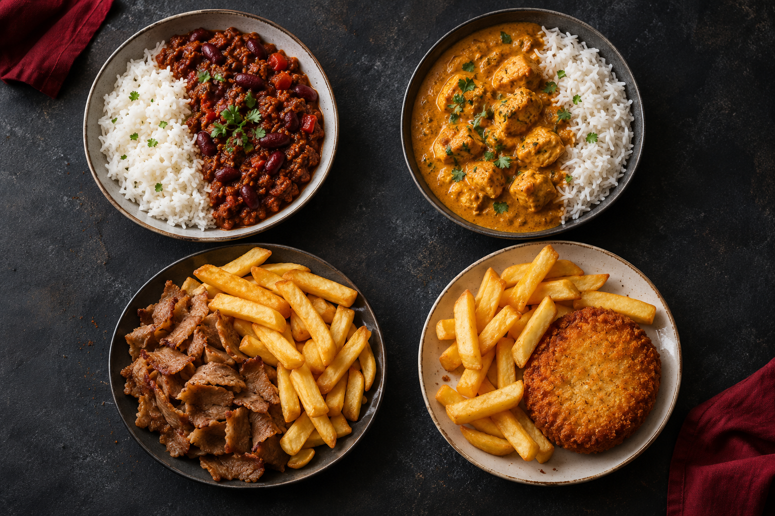 Illustrative chilli, curry, donner meat and fish cake meals